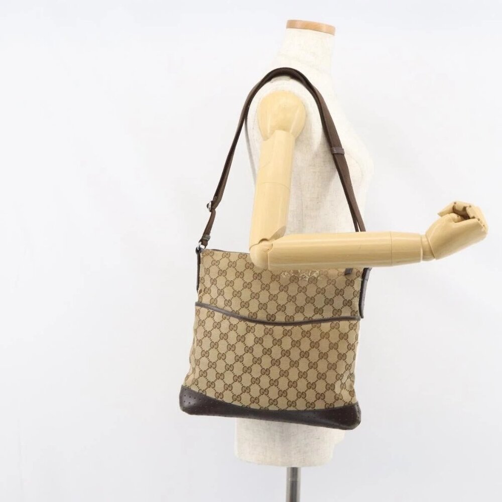 GUCCI GG Canvas Shoulder Bag Beige Silver